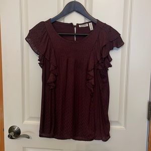 Anthropologie Burgundy ruffle sleeve top - size 4